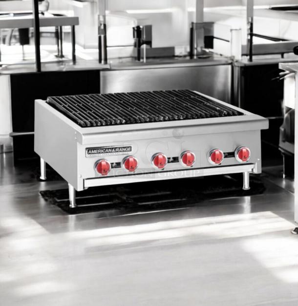 Brand-new American Range AERB-36 char broiler, 36" with legs, radiant design, red knobs, factory sealed, natural gas.