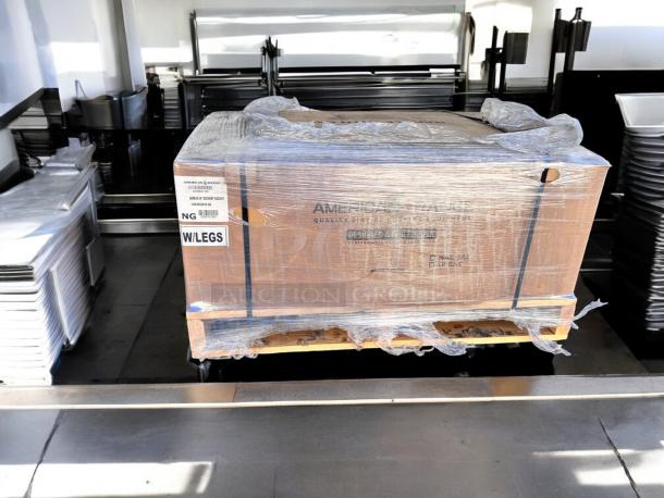 Brand-new American Range AERB-36 char broiler, 36", natural gas, factory sealed, with legs, on wooden pallet.