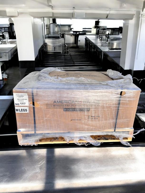 Brand-new American Range AERB-36 radiant char broiler, 36", natural gas, factory sealed packaging, with legs.