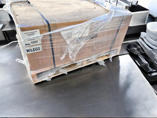 Factory-sealed American Range AERB-36 char broiler, brand-new, 36" natural gas model with legs, in original packaging.