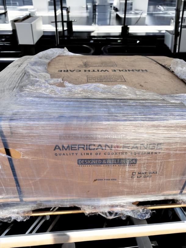 Brand-new American Range AERB-36 radiant char broiler, factory sealed, natural gas, 36", economy model with legs.