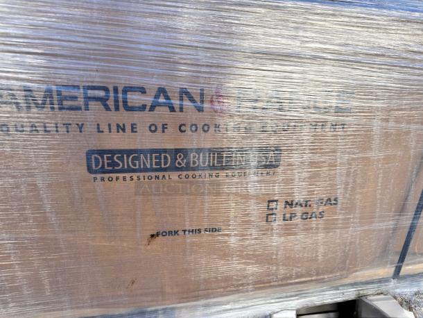 Brand-new American Range AERB-36 char broiler, 36", natural gas, factory sealed packaging, "Designed & Built in USA" label.