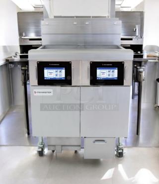 Frymaster FPGL230CA 2-bay gas fryer in superb condition with SMART4U touchscreen control, natural gas, fully tested, working.
