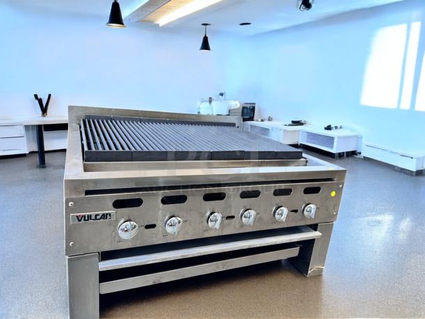 Pristine Vulcan VCCB72 72" gas charbroiler with 6 burners, natural gas, fully tested. Features clear Vulcan branding.
