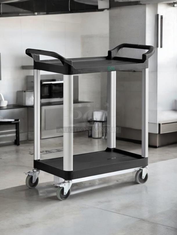 Brand new Choice 109CARTBS2BK two-shelf black utility cart, 24" x 16", lightweight, durable, ships assembled.
