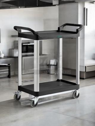 Brand new Choice 109CARTBS2BK two-shelf black utility cart, 24" x 16", lightweight, durable, ships assembled.