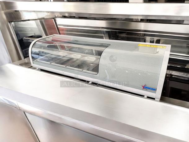 Omcan FPM-1 46" refrigerated sushi display case, outstanding condition, model 39553, 110V, tested working, visible Omcan logo.