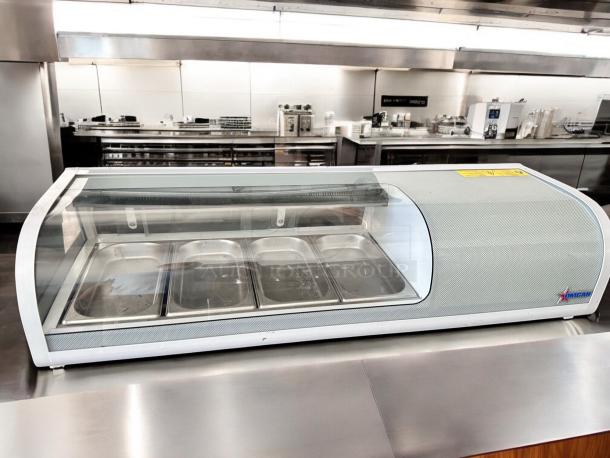 Omcan FPM-1 46" refrigerated sushi display case, model 39553, in outstanding condition. Features stainless steel trays, 110V.