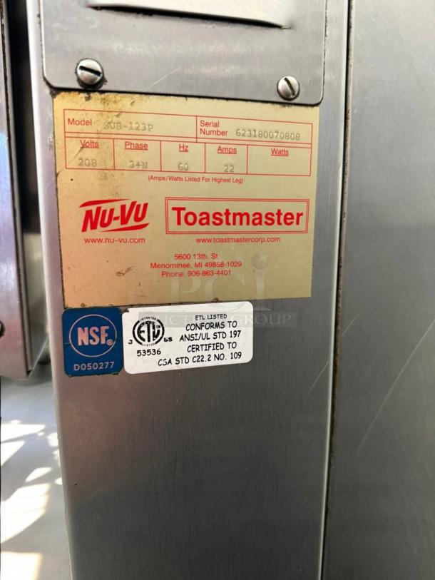 NU-VU SUB-123P Oven-Proofer Combo, immaculate condition, 208V 3Ph, fully tested, NSF/ETL certified, model SUB-123P.