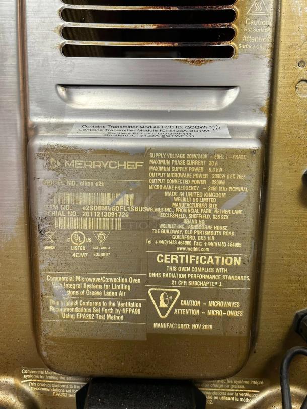 Merrychef eikon e2s commercial oven label, model e2SDBMV60FL1SBU, 208/240V, UL listed, manufactured Nov 2020, immaculate condition.