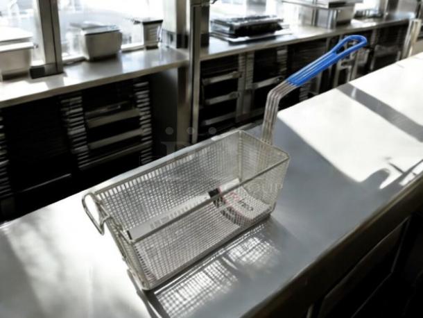 Brand new Winco FB-20 commercial fry basket, 13¼"x5⅞"x5⅝", with 10" blue handle, heavy-duty stainless steel.