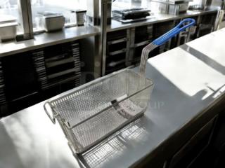 Brand new Winco FB-20 commercial fry basket, 13¼"x5⅞"x5⅝", with 10" blue handle, heavy-duty stainless steel.