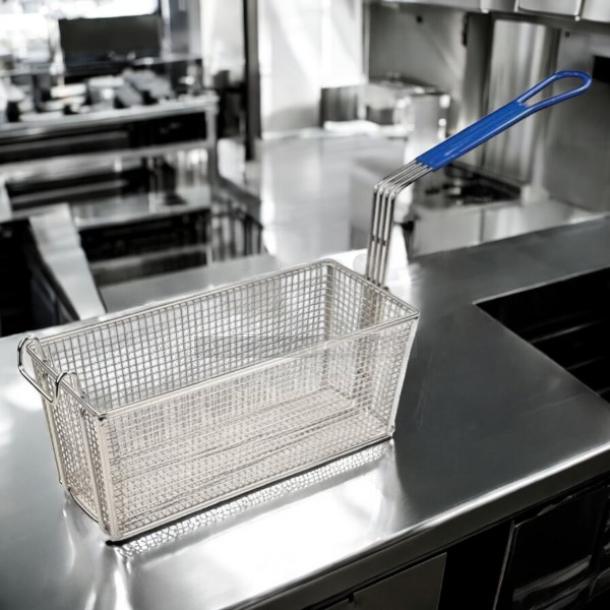 Brand new Winco FB-20 fry basket, 13¼"x5⅞"x5⅝", heavy-duty stainless steel, with 10" blue handle, in pristine condition.