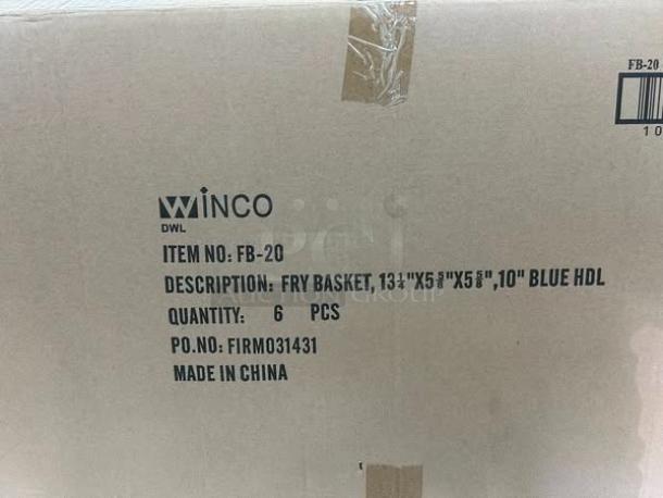 Winco FB-20 commercial fry basket box, features 13¼"x5⅞"x5⅝" dimensions, 10" blue handle. New, heavy-duty stainless steel.