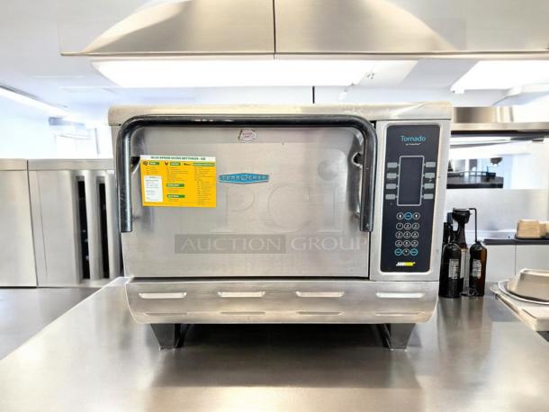 TurboChef Tornado high-speed convection microwave oven, excellent condition, fully tested, visible settings label, stainless steel.