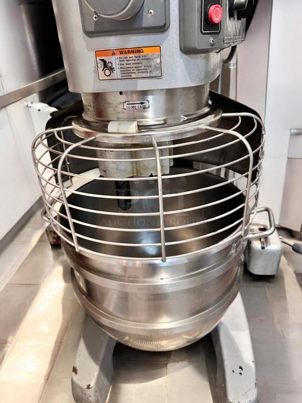 Hobart HL662 Legacy 60-Quart Planetary Mixer in superb condition with safety cage. Tags indicate 200-240V, 2.7 HP, fully tested.