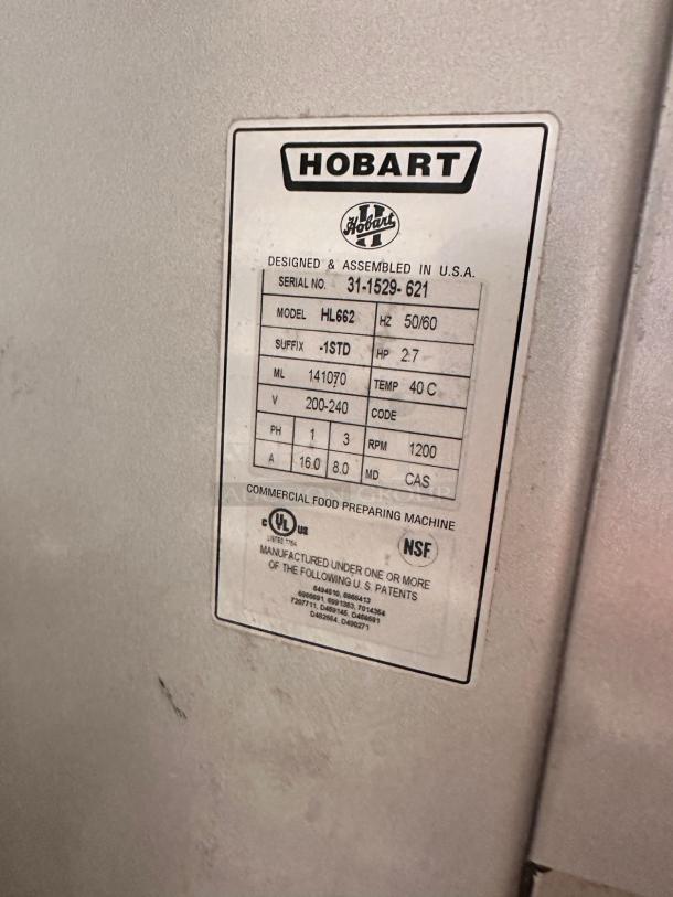 Hobart HL662 Legacy 60-Quart Planetary Mixer, 2.7 HP, 200–240V, superb condition, fully tested, serial no. 31-1529-621.