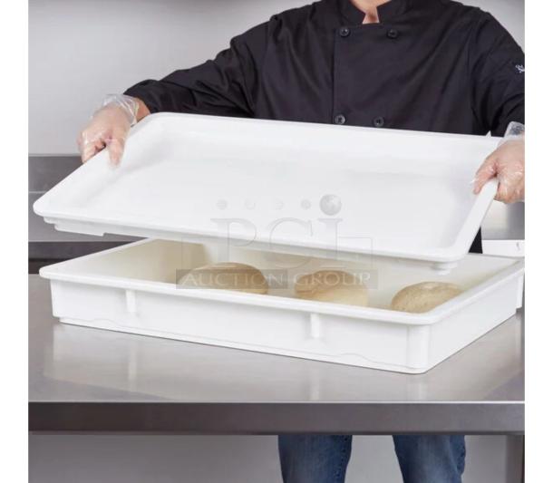 White stackable dough trays in outstanding condition, high-density food-grade plastic, cleaned, ready for use, quantity 50.