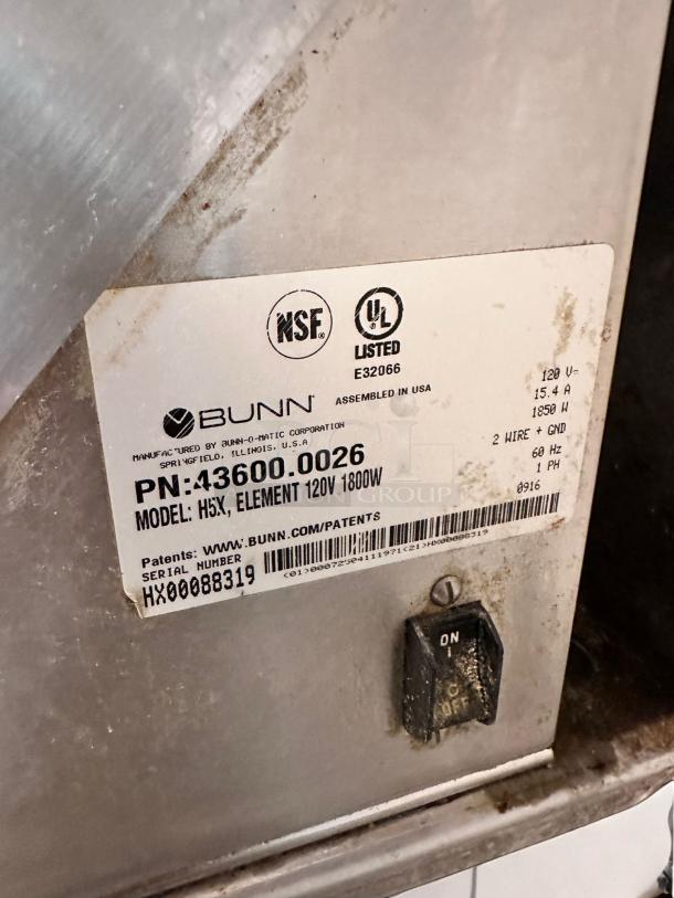 BUNN H5X Hot Water System, 120V, 1800W, superb condition, model 43600.0026, NSF and UL listed label shown.