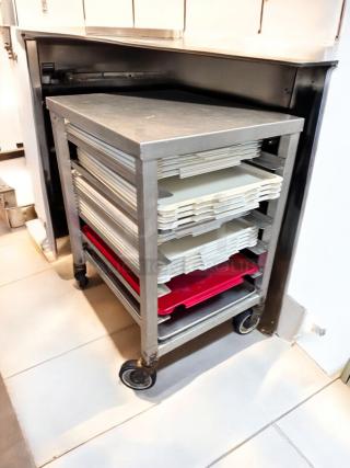 Stainless steel mobile sheet pan rack prep table, 28"x23"x35", superb condition, on wheels, Model: Custom Commercial.