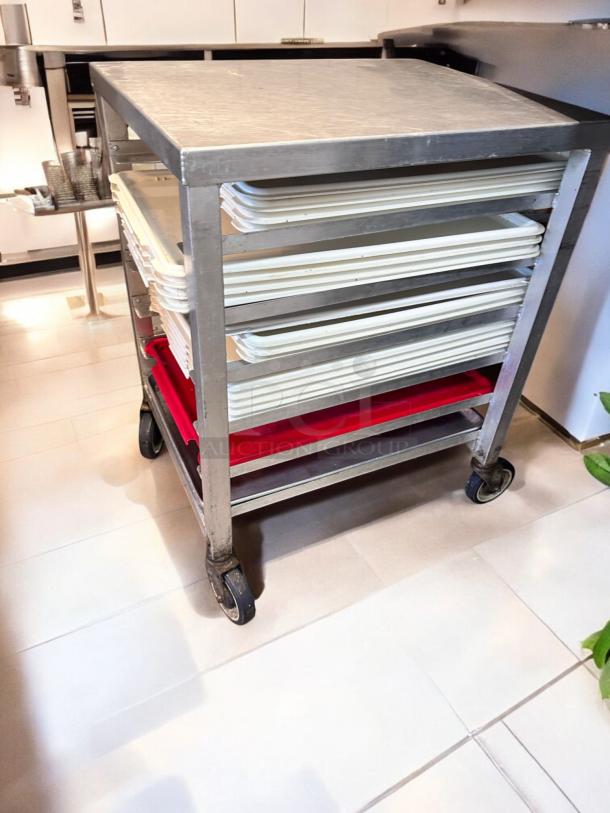 Stainless steel mobile sheet pan rack prep table, 28"x23"x35", superb condition, fully tested, Custom Commercial model.