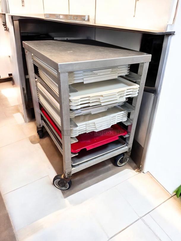 Stainless steel mobile sheet pan rack prep table, 28"x23"x35", superb condition, custom commercial model, with trays.