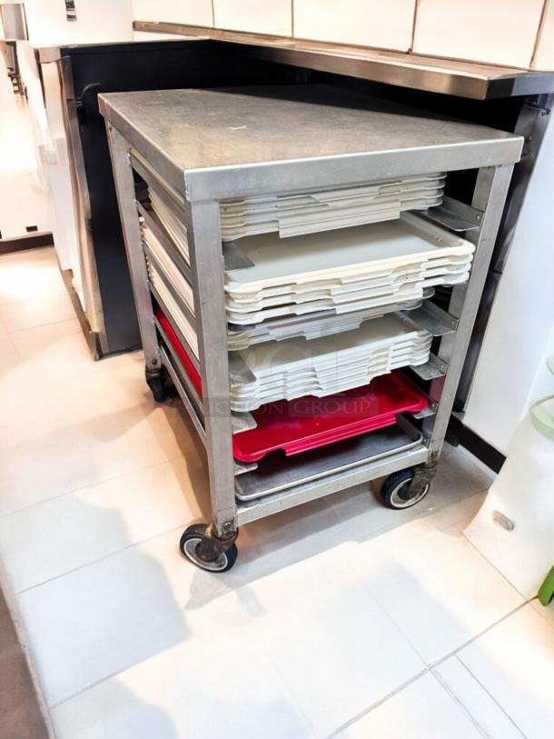 Stainless steel mobile sheet pan rack prep table, 28"x23"x35", superb condition, tested, with casters, model: Custom Commercial.