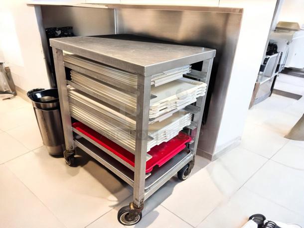 Stainless steel mobile sheet pan rack prep table, 28"x23"x35", Custom Commercial model, superb condition, fully tested.