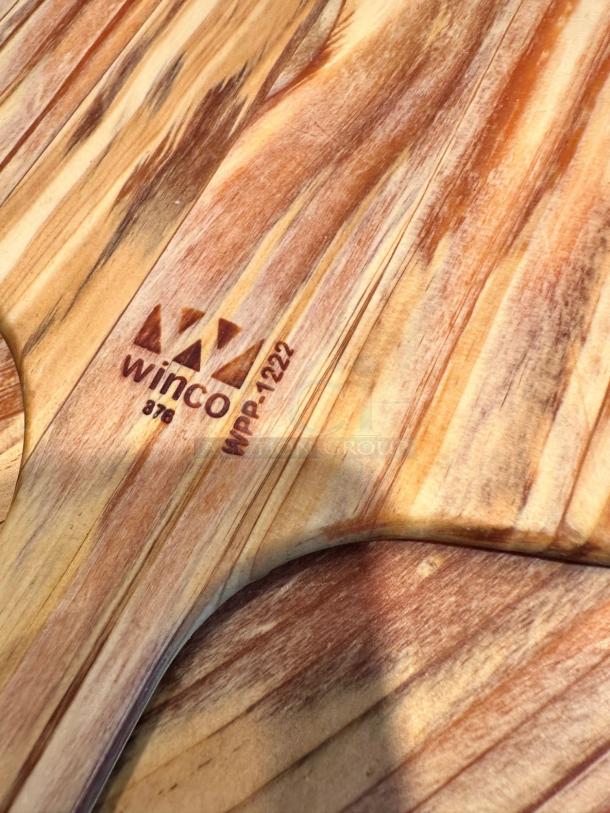 Winco WPP-1222 wooden pizza peels, 22" blade, 12" handle, natural finish, like-new, model marking visible.