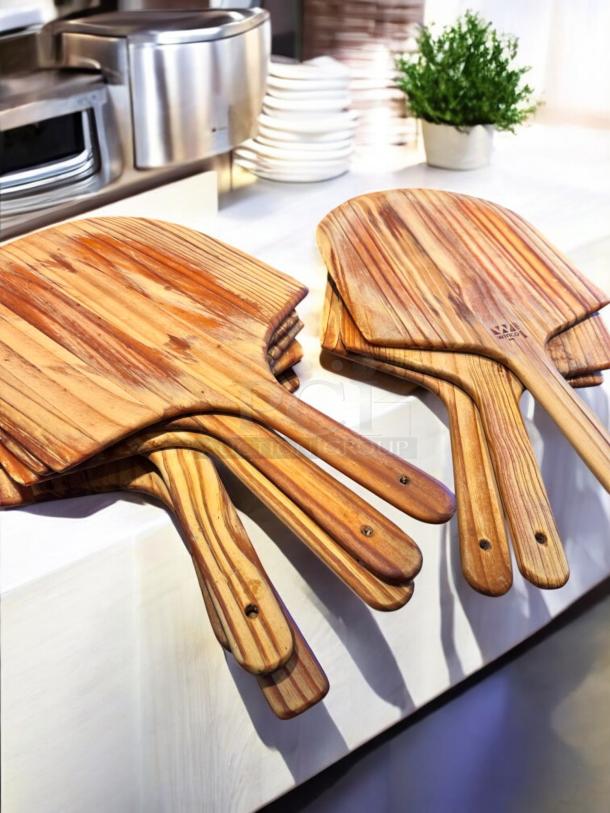 Eight like-new Winco WPP-1222 wooden pizza peels, 22" blades, 12" handles, premium natural finish, fully inspected.