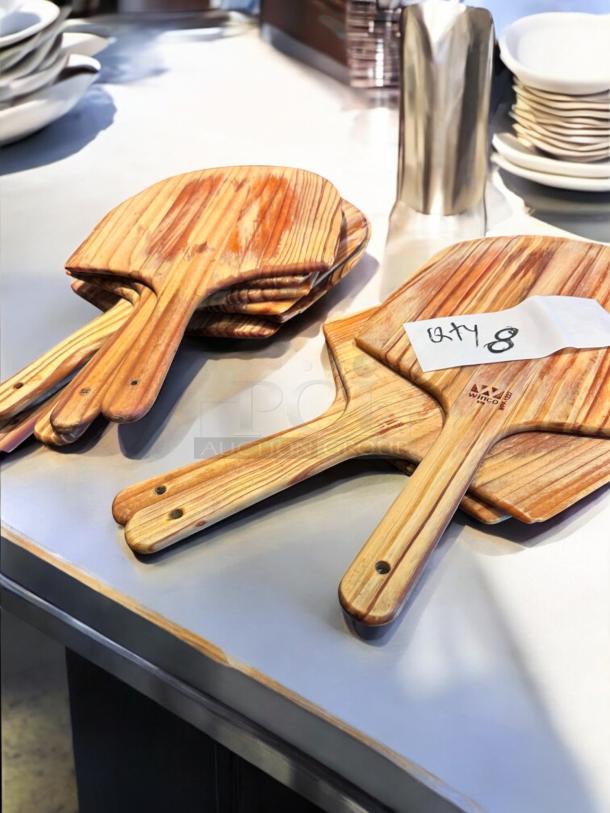 (QTY 8) Winco WPP-1222 wooden pizza peels, 22" blade, 12" handle, premium natural finish, like-new condition.
