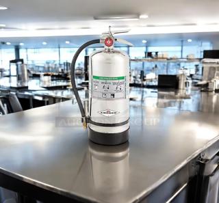 AMEREX K-Class Fire Extinguisher, Model 240, stainless steel, top-tier condition, fully inspected, tagged for restaurant use.
