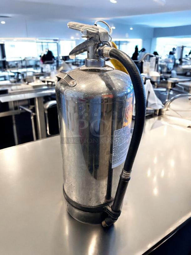 AMEREX K-Class Model 240 Fire Extinguisher, stainless steel, top-tier condition, fully inspected, tagged, restaurant type.