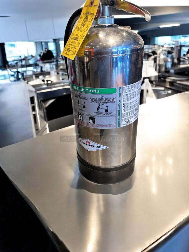 AMEREX Model 240 K-Class Fire Extinguisher, stainless steel, fully inspected, tagged, top-tier condition. Commercial use.