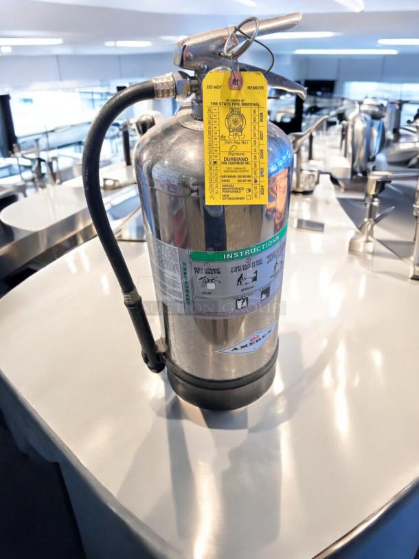 Amerex Model 240 K-Class fire extinguisher, stainless steel, top-tier condition, with inspection tag visible.