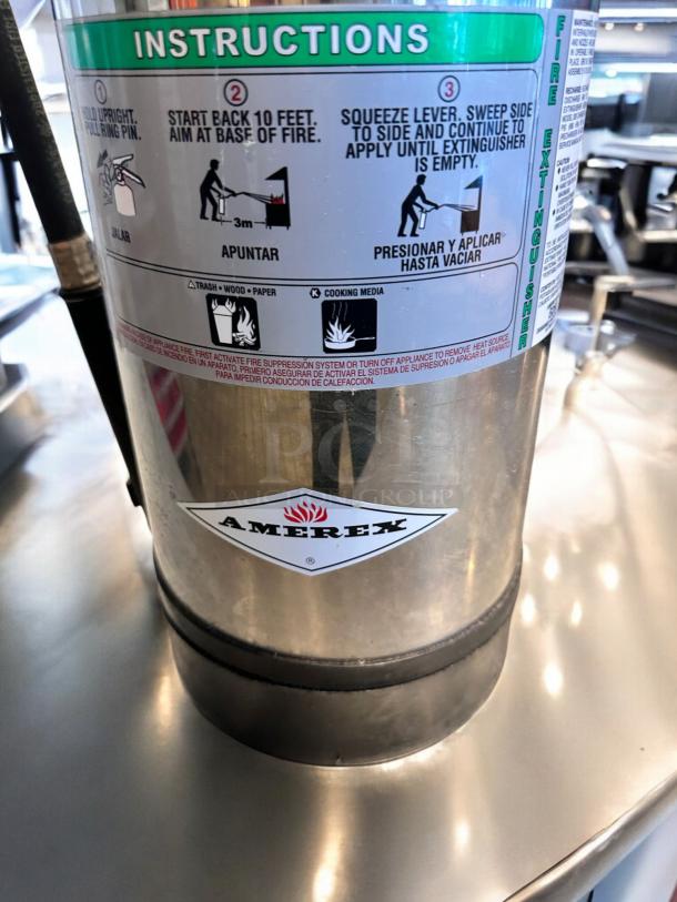 AMEREX Model 240 K-Class fire extinguisher, stainless steel, in top-tier condition. Fully inspected and tagged.
