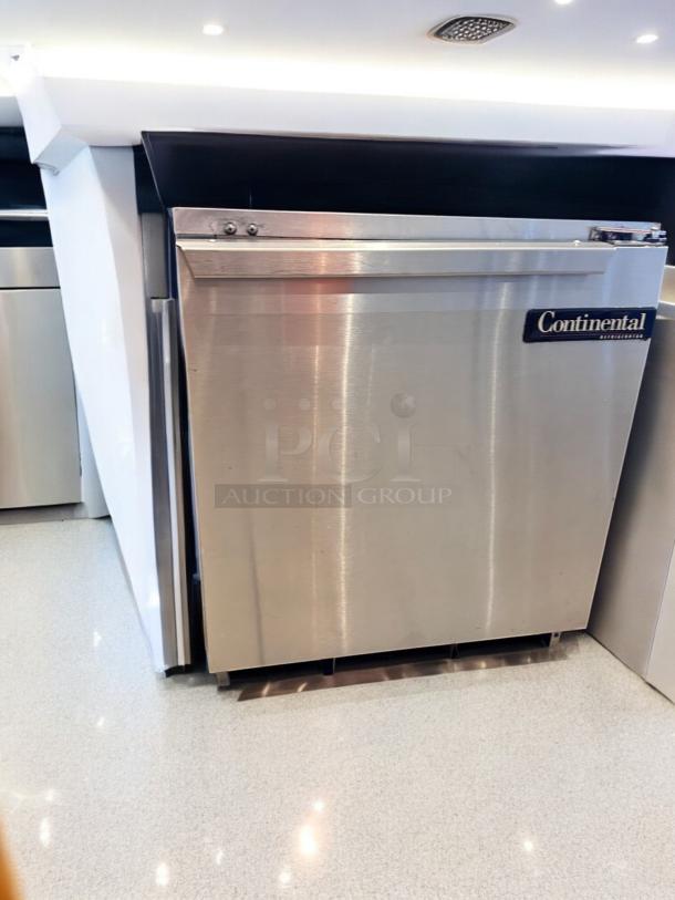 Continental Undercounter Refrigerator, 1 solid door, stainless steel, outstanding condition, fully tested, branded label visible.