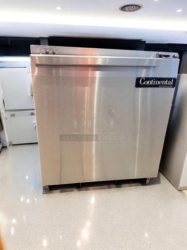 Continental Undercounter Refrigerator, outstanding condition, 1 solid door, fully tested, stainless steel exterior, brand label visible.