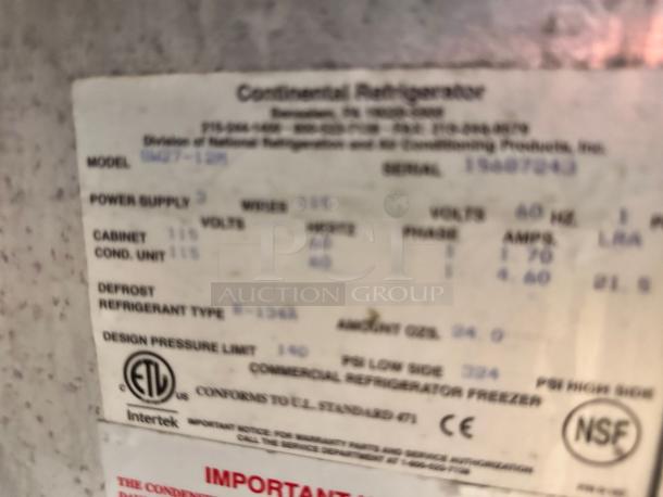 Label on Continental Refrigerator SW27-12M showing power supply, voltage, refrigerant type R-134a, and certification marks.