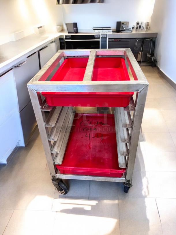 Alexander Industries aluminum pan rack, model 44, 20-tray capacity, excellent condition, NSF certified, fully tested.