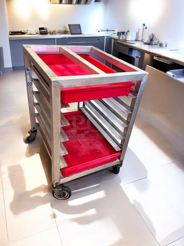 Alexander Industries aluminum pan rack, 20-tray capacity, excellent condition, NSF certified, model 44, tested and ready.