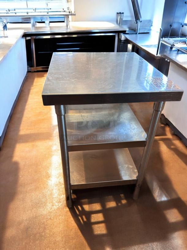 Stainless steel work table with undershelf, 28"x28"x35", like-new, heavy-duty commercial grade, fully tested and clean.