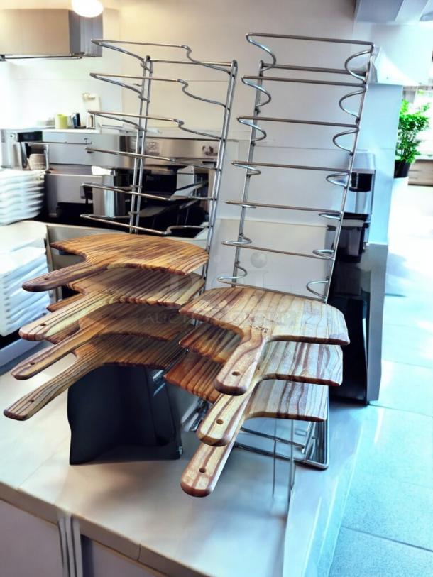 Chrome wire pizza peel rack with 8 wooden paddles, model Commercial Pizza Rack; measures 11"D x 10"W x 28"H, heavy-duty.