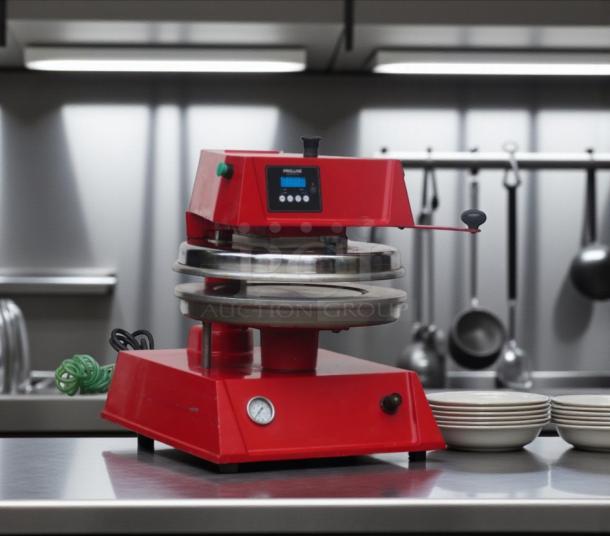 Proluxe DP2300 Pizza Dough Press, red, excellent condition, digital control panel, 208V, fully tested and operational.