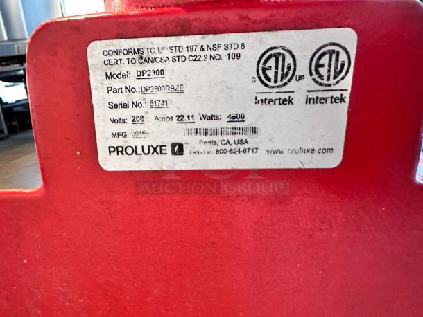 Proluxe DP2300 Pizza Dough Press, 208V, excellent condition, fully tested. Label shows model DP2300, serial 61741.