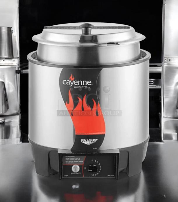 Like-new Vollrath Cayenne HS-7 Food Warmer, 800W, 120V, tested working. Silver, flame design, ideal for commercial use.