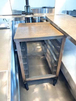 Stainless steel mobile sheet pan rack prep table, 28"W x 23"D x 35"H, superb condition, custom commercial model.