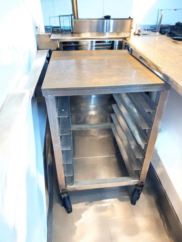 Stainless steel mobile sheet pan rack prep table, 28"W x 23"D x 35"H, superb condition, Custom Commercial model, fully tested.
