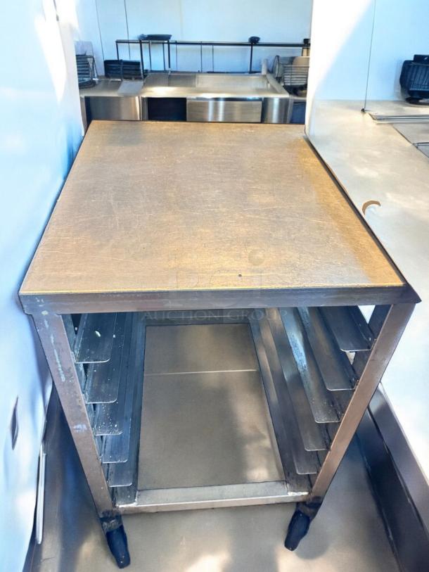 Stainless steel mobile sheet pan rack prep table, 28"W x 23"D x 35"H, superb condition, custom commercial model.