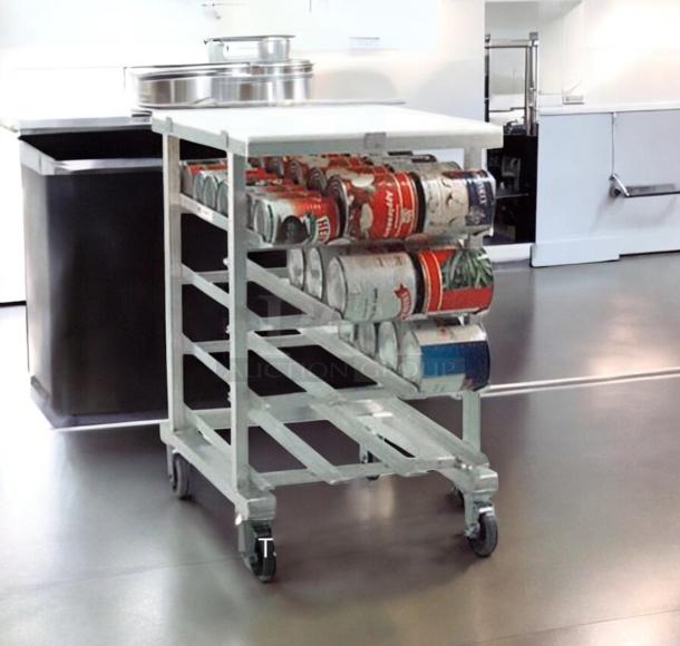 New Age Industrial can storage prep table cart with aluminum frame, poly top, and NSF certification. Fully tested and in superb condition.